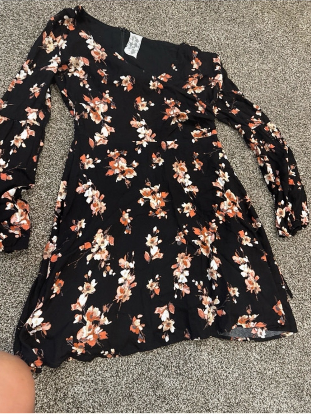 Sadie & Sage Black Floral Long-Sleeve Dress with Orange and Cream Blooms